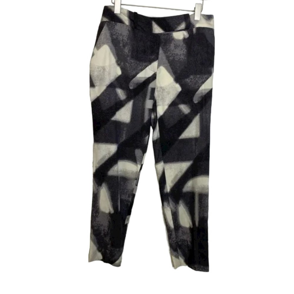 Halston Heritage Black White Gray Geometric Silk Wool Slim Ankle Pants S…